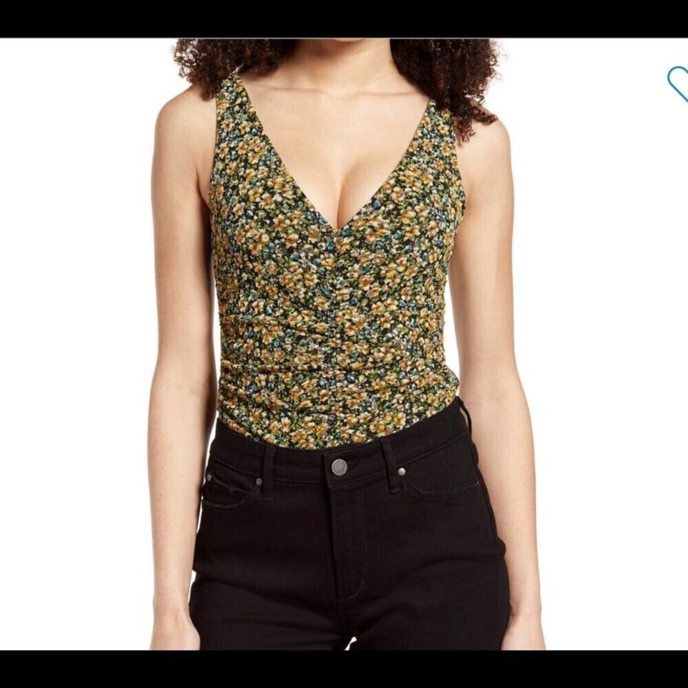 NEW Leith Sleeveless Ruched V-Neck Bodysuit SZ XXS flora stretchy lettuce trim
